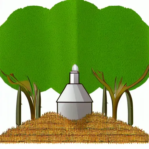 A simple illustration showing agricultural waste like corn stalks and rice husks being processed into biomass fuel, with a small factory or reactor in the background and green leaves or a recycling symbol to suggest eco-friendliness, all in a low-quality, sketch-like style