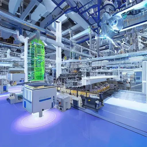 A futuristic industrial factory with robotic arms assembling machinery, human workers collaborating with AI-powered holographic interfaces, data streams flowing in the air, and a subtle gradient of digital transformation symbols like neural networks and gears blending into the background, all rendered in a low-quality, grainy, low-resolution style with visible pixelation and muted colors
