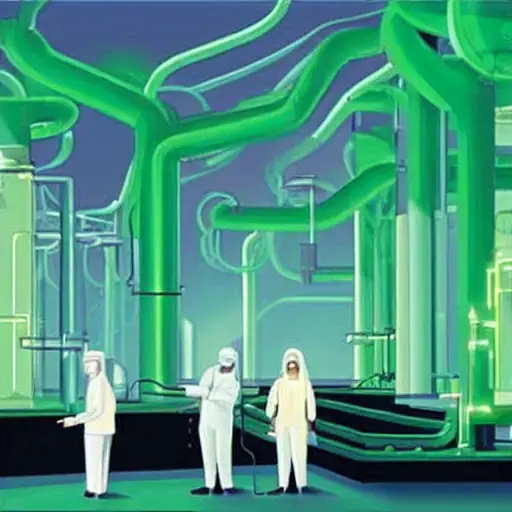 A futuristic industrial facility with bioreactors, glowing microbial cultures in transparent tanks, workers in lab coats monitoring holographic data displays, pipelines transporting bio-based materials, solar panels on the roof, and green biotech symbols subtly integrated into the architecture, all rendered in a low-quality, pixelated, low-resolution style with visible compression artifacts and muted colors