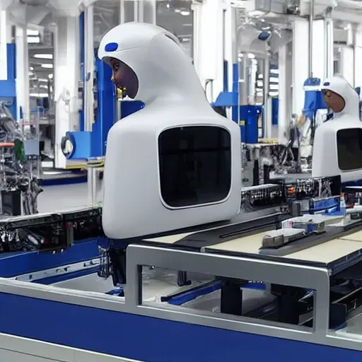 A futuristic factory floor with collaborative robots working alongside human technicians in a modern industrial setting, showing automation enhancing workforce capabilities through human-robot collaboration, with visible robotic arms assembling components while engineers monitor systems on digital displays, conveying technological advancement and expanded human potential through technology