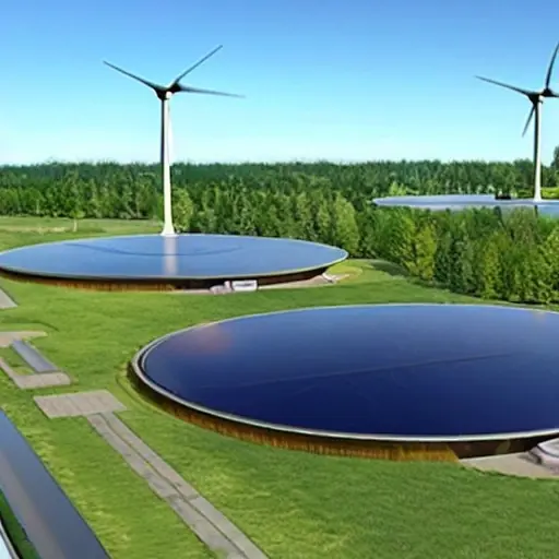A futuristic wastewater treatment plant using innovative microbial technologies, showing bioreactors with glowing microorganisms breaking down pollutants, clean water flowing out, surrounded by green energy sources like solar panels and wind turbines, in a clean, modern industrial setting