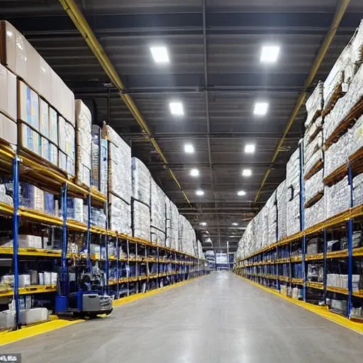 A futuristic warehouse with AI-powered robots sorting packages, digital screens displaying real-time inventory data, and holographic supply chain analytics floating above shelves, all in a clean, high-tech environment with soft ambient lighting