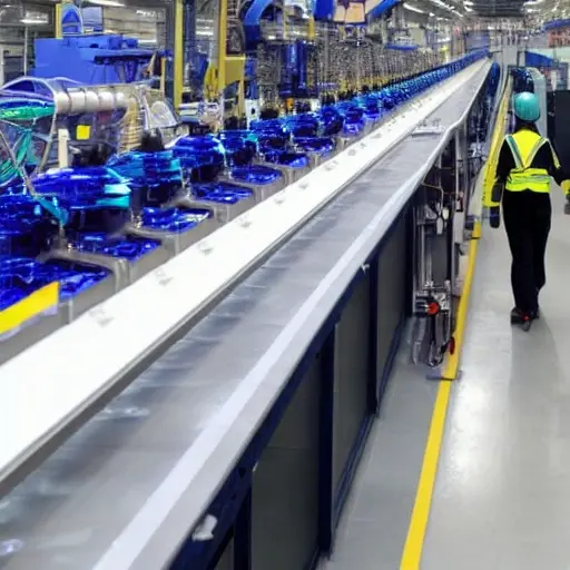 A futuristic industrial landscape with advanced robotics, automated assembly lines, and human workers collaborating with AI-powered machines in a high-tech factory setting, showing innovation and progress in manufacturing professions