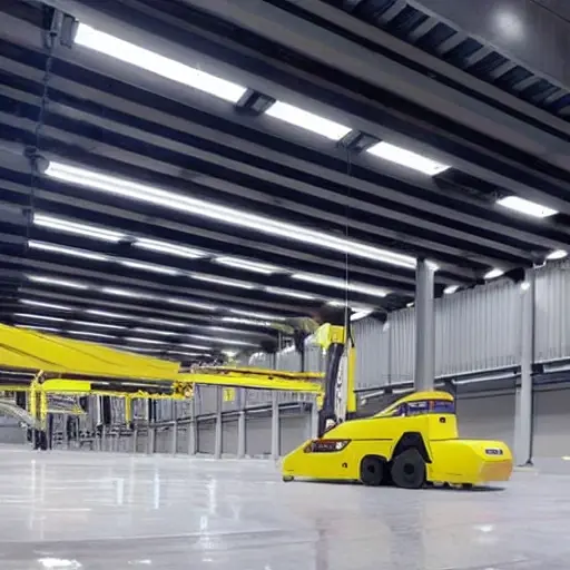 A futuristic warehouse with automated systems, robotic arms sorting packages, AI-powered conveyor belts, and smart sensors monitoring inventory in a high-tech logistics environment