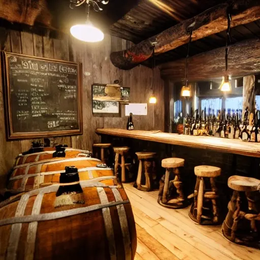 A small, rustic craft brewery interior with wooden barrels and a wooden sign, a group of people tasting beer, a world map on the wall, and a few bottles of craft beer on a wooden table. The scene should feel warm and welcoming, with natural light filtering through a window, and no visible text, letters, or digits.