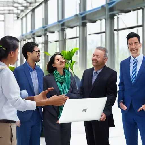 A group of diverse industrialists standing in a modern factory setting, surrounded by green energy elements such as solar panels, wind turbines, and recycling symbols. The scene emphasizes sustainable production with clean, eco-friendly machinery and lush indoor plants. No text, letters, or digits should appear in the image.