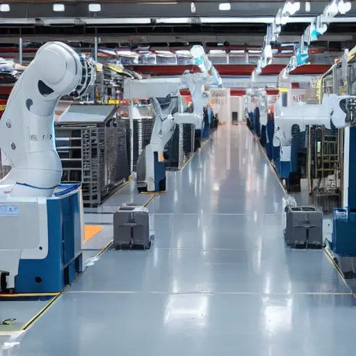 A modern factory floor with AI-powered robots optimizing production lines, data analytics screens showing efficiency metrics, and engineers collaborating with intelligent systems to reduce waste and downtime, all in a clean, professional industrial setting