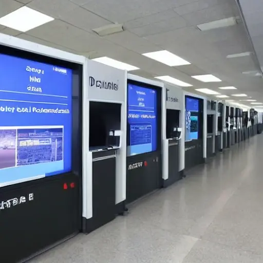 A modern customs checkpoint with digital screens displaying real-time data, automated scanning systems, and officers using tablets to process shipments, set in a clean, efficient government facility with subtle digital overlays showing data flow and connectivity, symbolizing digitalization in customs operations
