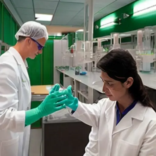 A futuristic laboratory scene showing biodegradable composite materials made from industrial waste, such as agricultural residues and recycled plastics, being molded into eco-friendly packaging and construction panels, with visible natural fibers and a clean, sustainable production environment
